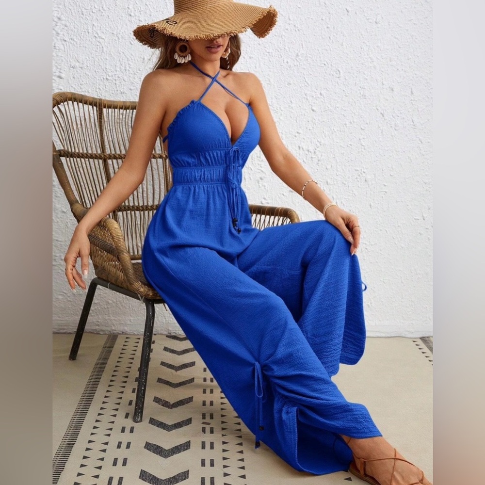 Blue Halter Wide-Leg Jumpsuit
